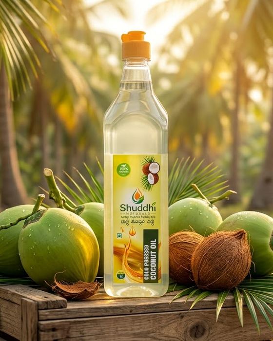 Shuddhi Naturals cold-pressed coconut oil bottle